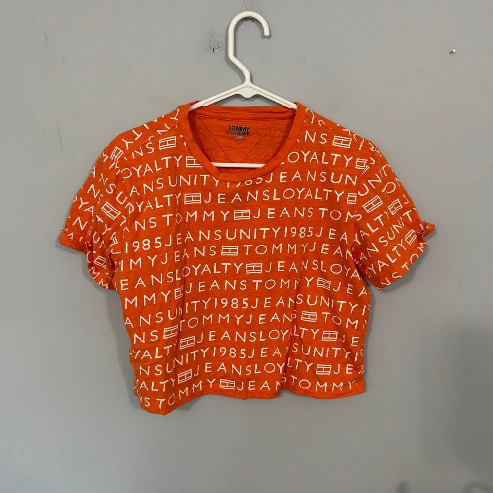 Tommy Hilfiger Tommy Jeans Cropped Tee Shirt Orange w/ White Women's Size Small